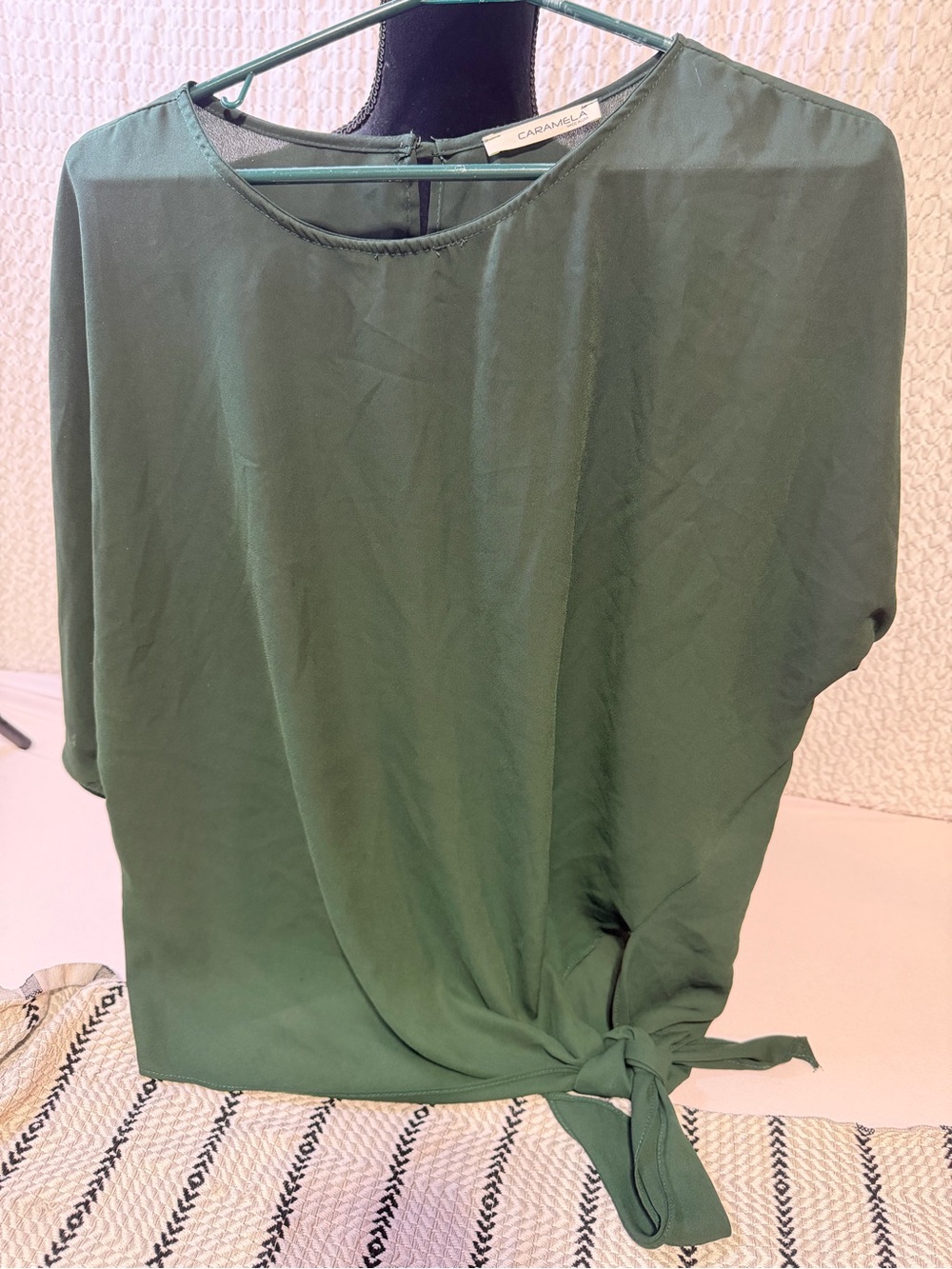 Caramel Emerald Green Tie-Front Short Sleeve Blouse